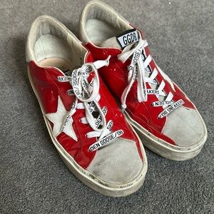 Golden Goose 
Red leather
Lightly used platform sneakers
Size 37 
Women’s